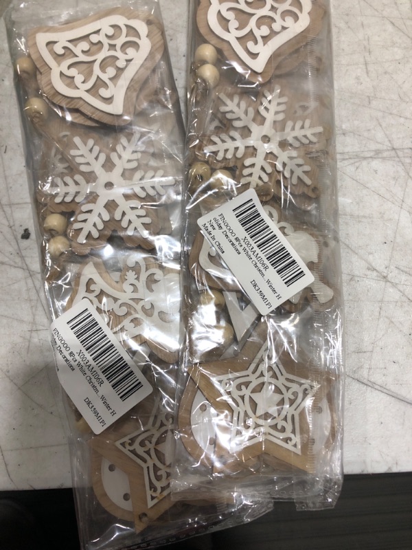 Photo 1 of 2 pack of FINGOOO White Christmas Tree Ornaments,8 Pack Assorted Wood Winter Wonderland Christmas Ornaments Rustic Hanging for Christmas Tree Home Decor