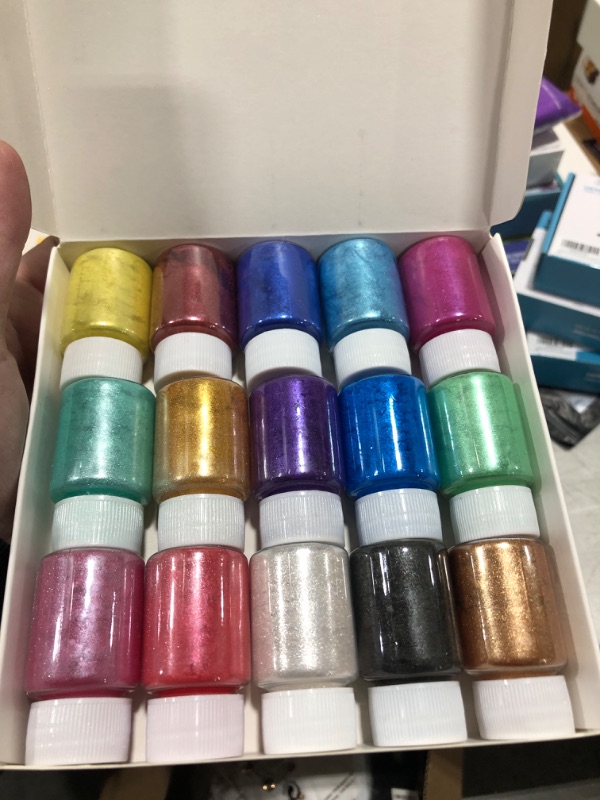 Photo 1 of 15 Bottles Slime Pigment, Mica Powder for Soap Making, Resin Color Pigment, Mica Powder for Candle Making, Epoxy Resin, Lip Gloss, Natural Powder Pigment for Slime, Mica Soap Colorant Powder no label 15 Bottles
