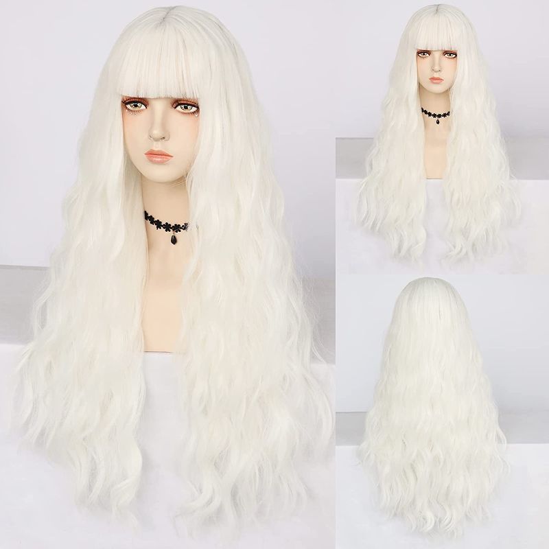 Photo 1 of Ebingoo 28 Inch White Wig with Bangs for Women Long Water Wave Curly Synthetic Heat Resistant Fiber Wigs for Daily Wear
