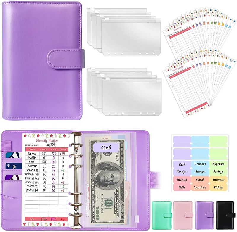 Photo 1 of A6 PU Leather Budget Binder System with Cash Envelopes for Budgeting, Money Saving Binder Organizer for Cash with Zipper Pockets and Budget Sheets (Purple) PACK OF 2
