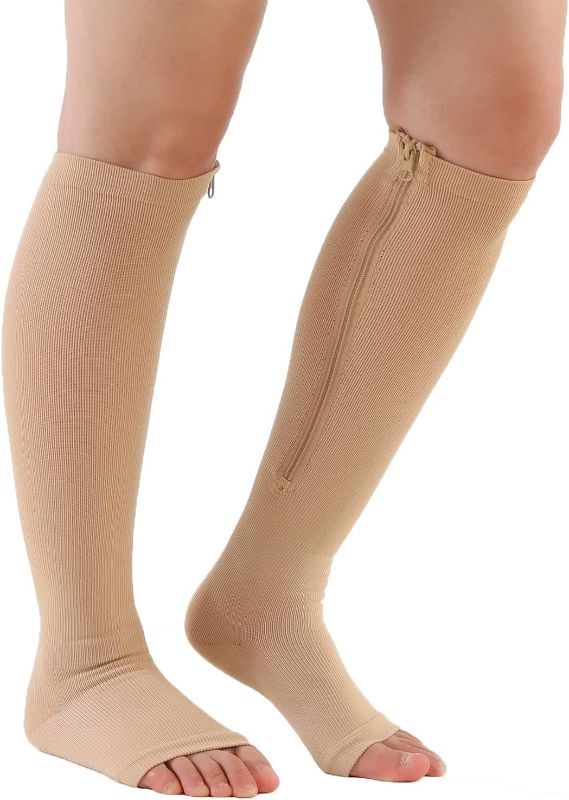 Photo 1 of Bacophy 2 Pairs Zipper Compression Calf Socks 15-24 mmHg Open Toe Women Men SIZE MEDIUM
