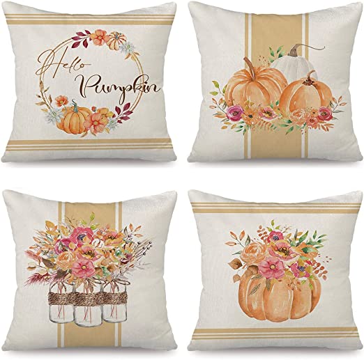 Photo 1 of Bontalc Fall Pillow Covers 18x18 Set of 4 Flower Pumpkin Fall Pillows Autumn Decorative Fall Outdoor Farmhouse Fall Throw Pillow Covers Thanksgiving Fall Decor Fall Decorations for Home Couch
