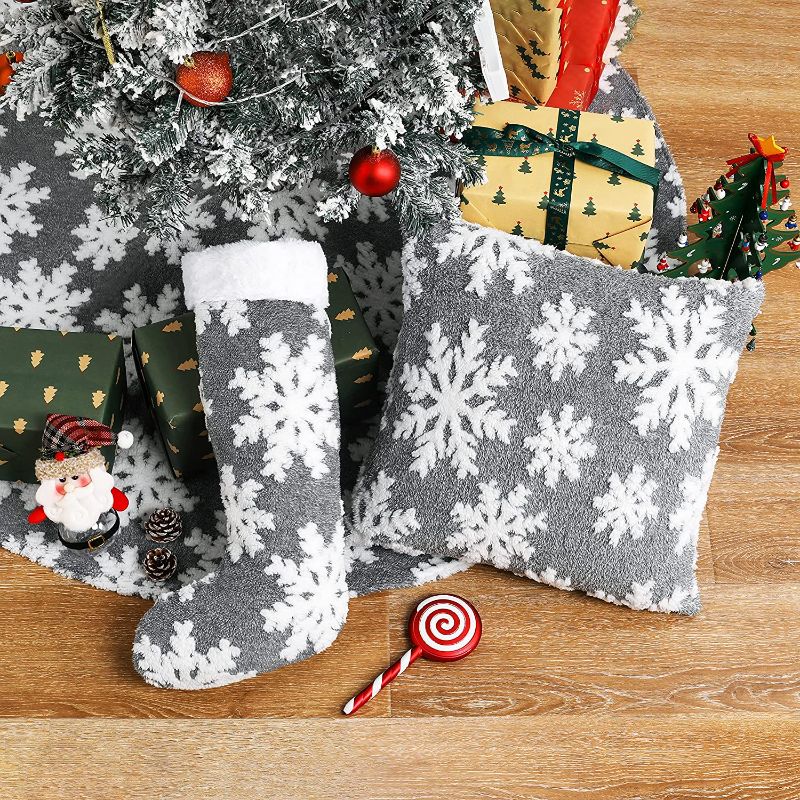 Photo 1 of 3 Pcs Set Christmas Decor, Christmas Tree Skirt with Christmas Pillowcase and Christmas Stocking, 48 inch White and Grey Tree Skirt for Christmas Holiday Party Decorations
