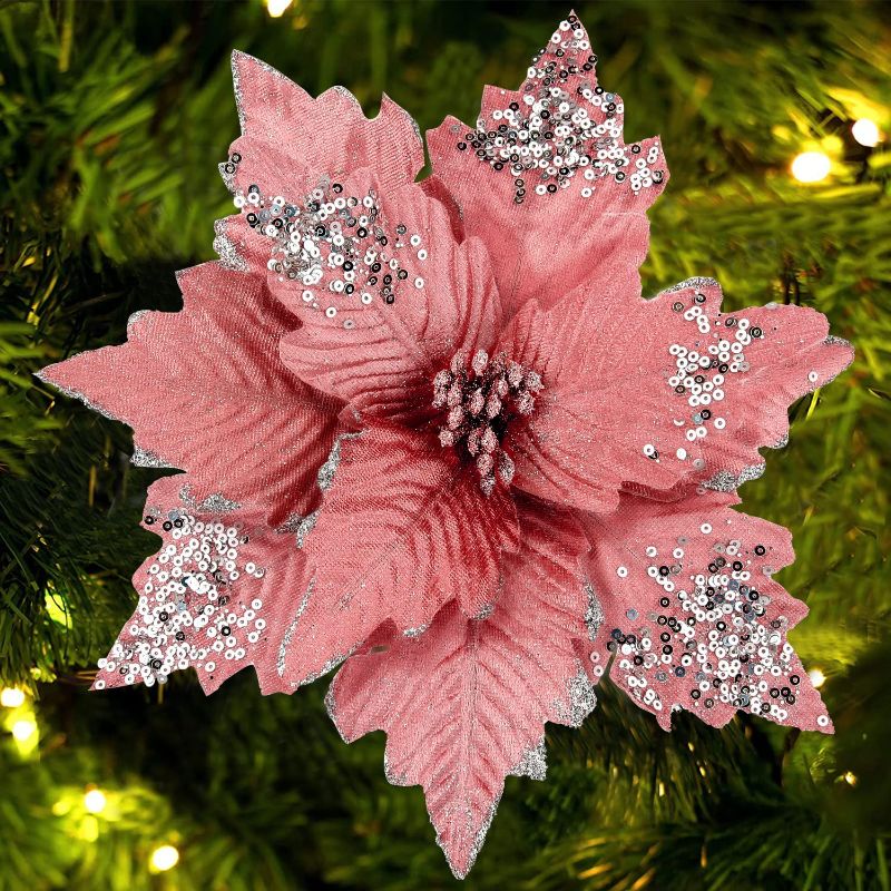 Photo 1 of 6 Pcs Large Pink Glitter Artificial Flowers 10.2 Inch Christmas Poinsettia Glitter Flowers Christmas Tree Decorations Artificial Poinsettia Ornaments for Xmas New Year Home Wedding Office Wreath Decor
