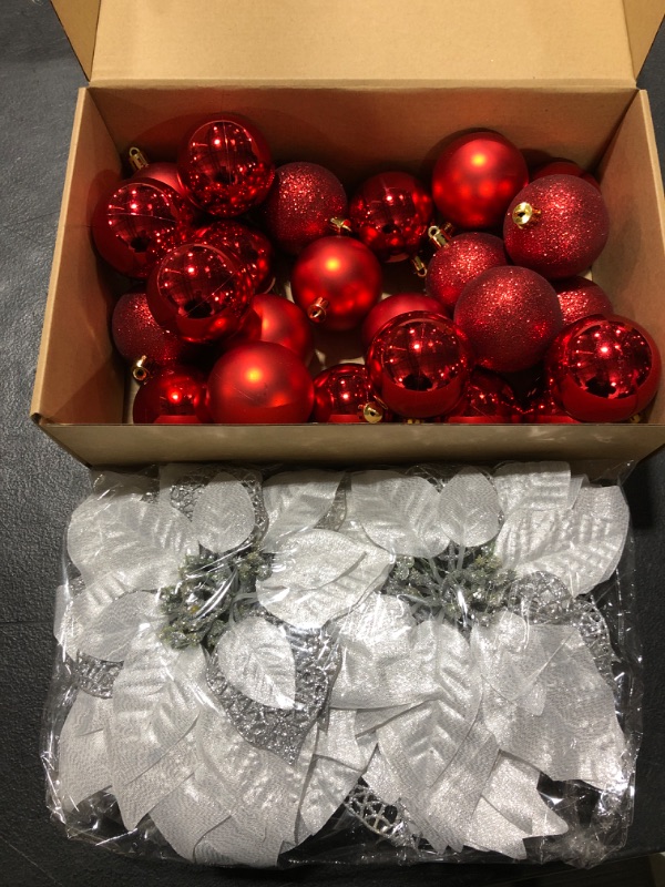 Photo 1 of 24 Pcs Christmas Tree Ball Ornaments 12 Pcs Christmas Artificial Glitter Poinsettia Flowers for Christmas Tree, Home Decor Christmas Poinsettia and Red Balls Decor for Holiday Wedding Garland Party

