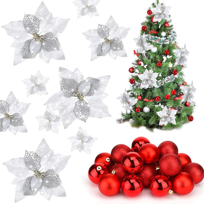 Photo 1 of 24 Pcs Christmas Tree Ball Ornaments 12 Pcs Christmas Artificial Glitter Poinsettia Flowers for Christmas Tree, Home Decor Christmas Poinsettia and Red Balls Decor for Holiday Wedding Garland Party
