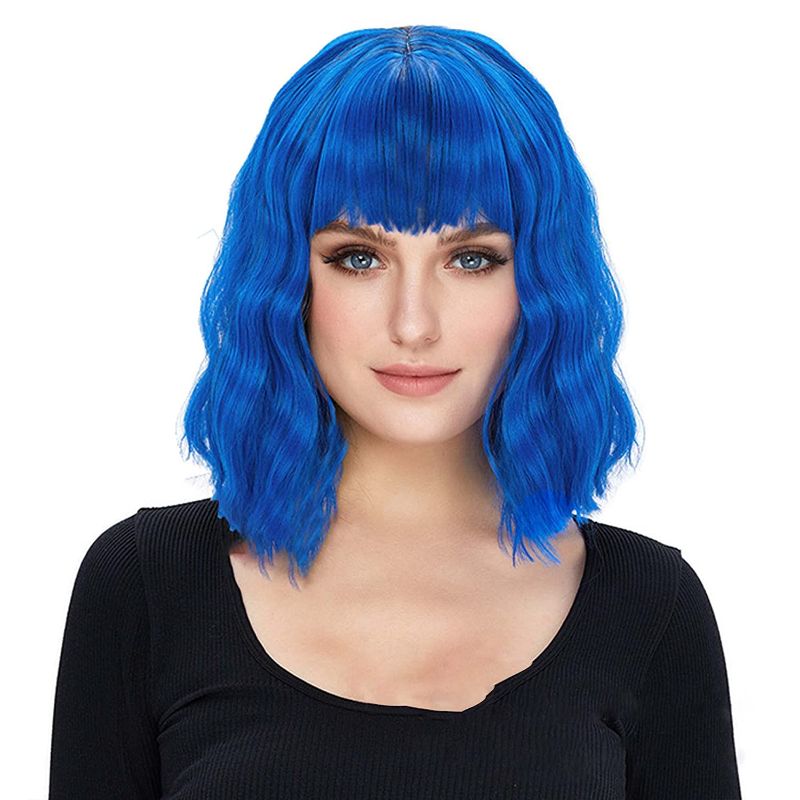 Photo 1 of Blue Bob Wigs with Bangs for Women Girl Short Shoulder Curly Wave Wig for Daily Use Halloween Cosplay Party Gifts
