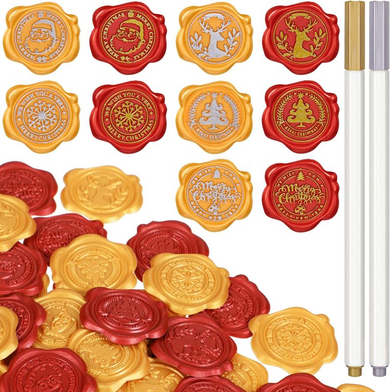 Photo 1 of 200 Pieces Christmas Wax Seal Stickers Adhesive Envelope Seal Stickers Santa Elk Tree Snowflake Wax Seal Sticker Christmas Adhesive Wax Seals with 2 Pens for Christmas Card Box Envelope (Lace Style)
