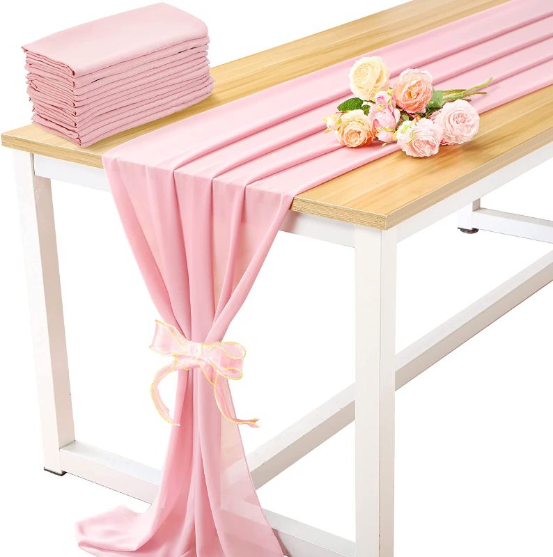 Photo 1 of 10 ft Chiffon Table Runner 28 x 120 Inches Blush Sheer Table Runner Romantic Rustic Boho Wedding Decor Shower Birthday Party Cake Table Decorations with Ribbon Ties (Pink, 12)
