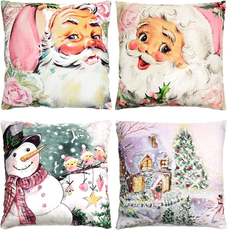 Photo 1 of 4 Pieces Pink Christmas Throw Pillowcase 18 x 18 Inch Retro Santa Sofa Cushion Cover Vintage Snowman Pink Pillow Covers Decorative Christmas Throw Pillow Covers for Winter Holiday Living Room Decor 