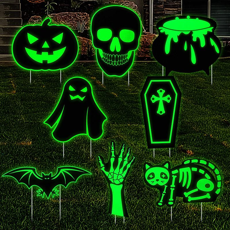 Photo 1 of 8 Pack Halloween Glow in Dark Yard Signs Outdoor Decorations Halloween Yard Black Cat Pumpkins Ghost Silhouette Lawn Signs for Halloween Prop Trick or Treat Party Lawn Yard Garden Decor Supplies 