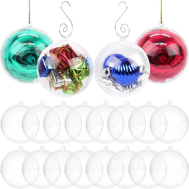 Photo 1 of 20 Pcs Round Clear Fillable Ornaments Ball for Christmas Decoration 3.2” Large Baubles for Xmas Tree Craft Gifts Wedding Party Décor, Includes Gold Silver String & 20 Hooks for Easy Hanging 