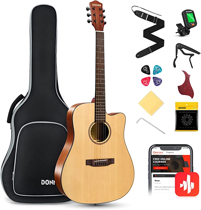 Photo 1 of 
Donner Acoustic Guitar Kit for Beginner Adult Teen Full Size Cutaway Acustica Guitarra Starter Bundle Set with Bag Strap Tuner Capo Pickguard Pick, Right Hand 36 Inch Natural