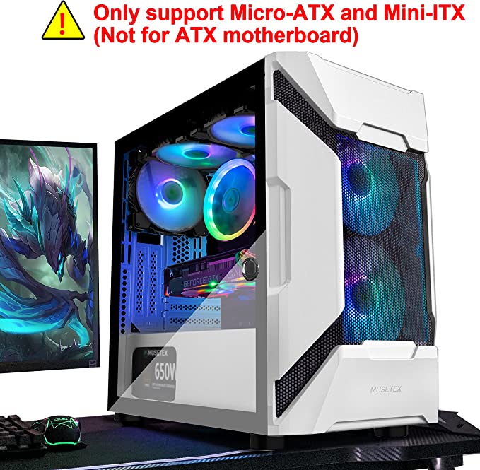 Photo 1 of MUSETEX Mesh MATX (Micro-ATX) Mid Tower Case with 5 PCS × ARGB Fans Pre-Installed and 2 PCS × USB 3.0 Ports, Magnetic Design Opening Tempered Glass Panel Gaming PC Case (White, MK7-WN5)