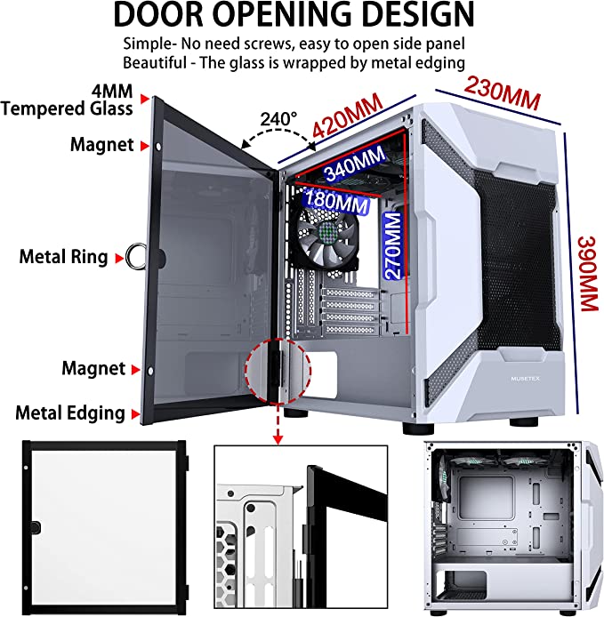 Photo 2 of MUSETEX Mesh MATX (Micro-ATX) Mid Tower Case with 5 PCS × ARGB Fans Pre-Installed and 2 PCS × USB 3.0 Ports, Magnetic Design Opening Tempered Glass Panel Gaming PC Case (White, MK7-WN5)