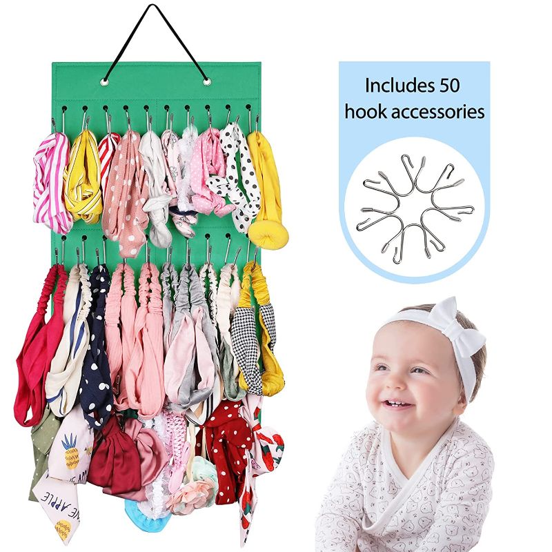 Photo 1 of AROUY Headband Holder Organizer - Hanging Baby Girl Newborn Headbands to Store and Display, Bows Holder with 50 Hooks, 21.6" x 12.2" (Z - Green) 