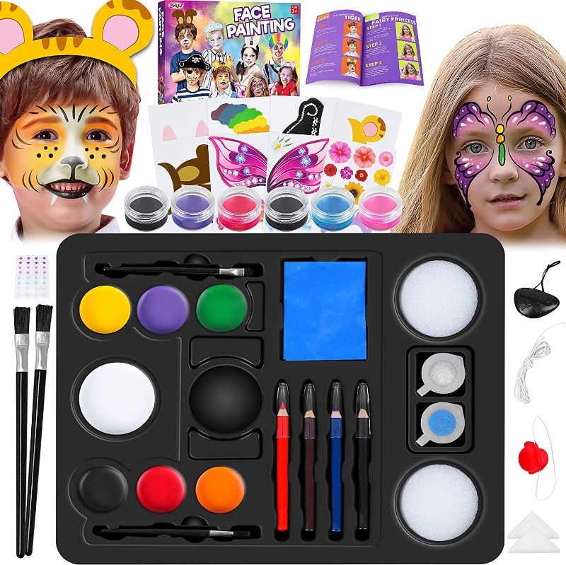 Photo 1 of Face Paint Kit for Kids - 94 PCS Professional Face Body Painting Kits with Stencils, Brushes, Glitters, Sponges, Halloween Makeup Kit, Halloween face paint, Great for Halloween Party Suppiles 