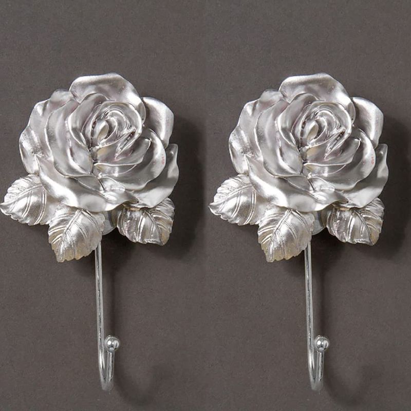 Photo 1 of 2 Pcs Classic Rose of Pastoral Coat Hooks Wall Mounted Wall Decor Durable Handmade Resin Decorative Robe Hook, Scarf, Bag, Towel, Hat etc for Kitchen Bathroom Office (Silver)