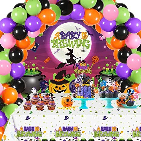 Photo 1 of 72 Pcs Halloween Baby Shower Decorations A Baby Is Brewing Backdrop Banner Tablecloth Balloons Arch Garland Kit Cake Topper for Boy Girl Baby Shower Pregnancy Celebration Gender Reveal Party Supplies 
