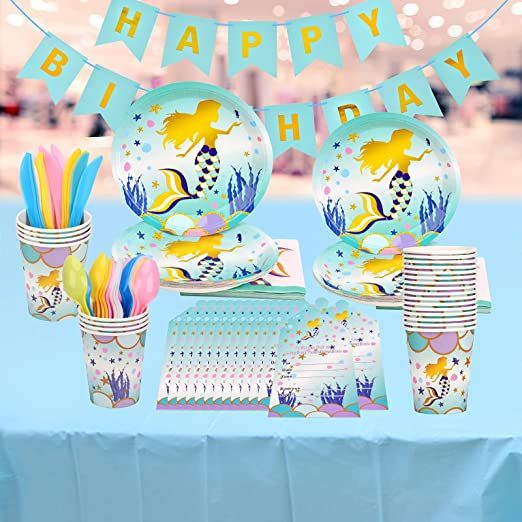 Photo 1 of 130 PCS Disposable Dinnerware Set, Sparkle Mermaid Party Pack - Plates Napkins Cups Forks Spoons Knives Invitation Cards Banner for Party Baby Shower Decorative Kitchen Dining Room (Serves 16) 