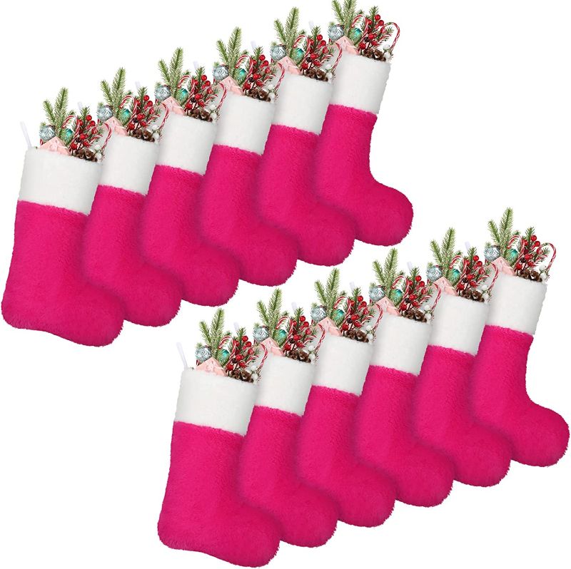 Photo 1 of 15 Inch Christmas Stocking 12 Pcs Plush Stocking Hanging Decoration Xmas DIY Stocking with White Plush Cuff Classic Stocking for Christmas Tree Stairs Fireplace Family Holiday Party Ornaments (Rose)
