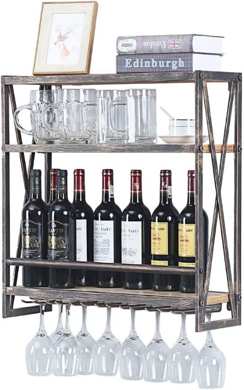 Photo 1 of (3 Tier - 23.6in - Black Brush Red Coper) Industrial Wine Rack Wall Mounted, Wall Wine Rack, Hanging Wine Rack, 100% Pine Solid Wood, Galvanized Steel
