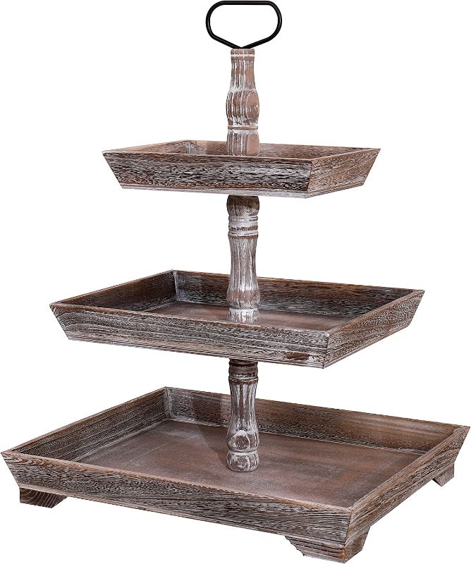 Photo 1 of 3 Tier Serving Tray Rectangle Tiered Tray Decorative 3 Tier Wood Serving Trays,Farmhouse Decor Holiday Home Decoration,Durable,Large Storage Tray (Rustic Brown) 