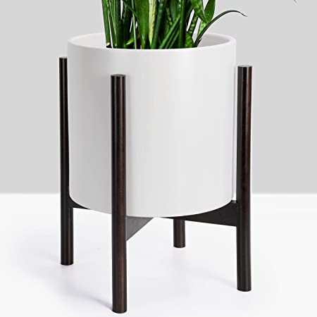 Photo 1 of 20.5" Tall Plant Pot with Stand by FineIris, 10 inch White Ceramic Pot with Drainage & Wooden Plant Stand, Planter for Indoor Plants, Large Planter with Stand for Flowers, Fiddle Leaf Fig Tree, Snake Plant & Peace Lily