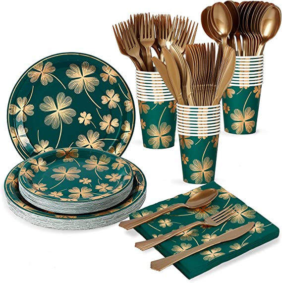 Photo 1 of 210Pcs Disposable Party Dinnerware Set- 30 Guest | 30 Dinner Paper Plates- 30 Dessert Paper Plates- 30 Plastic Silverware Set- 30 9OZ Paper Cups- 30 Napkins, Green Plates Four-leaf Clover Design
