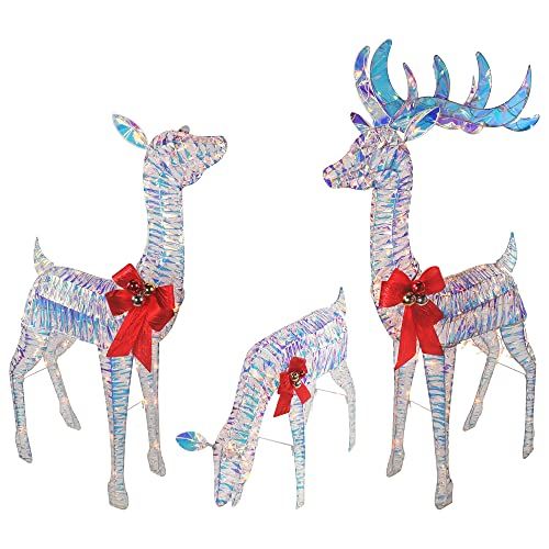 Photo 1 of 3 Piece Iridescent Reindeer Family Lighted Deer Set 210 Lights 52" Buck 44" Doe 28" Fawn Large Deer Family for Indoor or Outdoor Christmas Decorations
