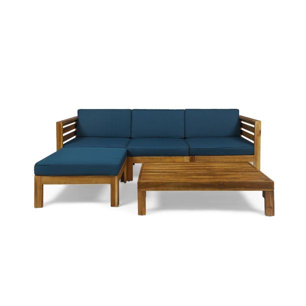 Photo 1 of 5-Piece Teak Finish Wood Outdoor Furniture Patio Sofa Set - Dark Teal Cushions
