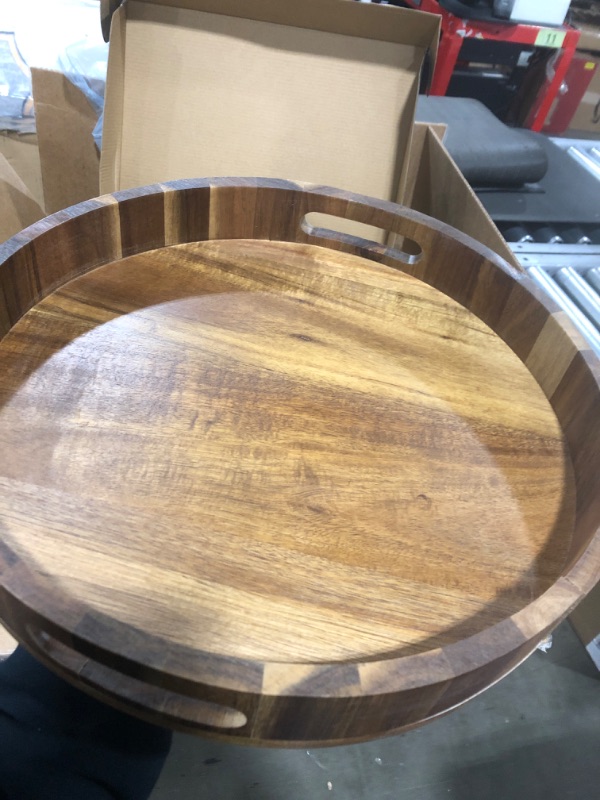 Photo 2 of 14" Wooden Tray, Natural Acacia Wood, Lazy Susan Rotating Mechanism Base Serving Tray Round, Carved Handles & Rimmed Edge Rustic Centerpiece Display