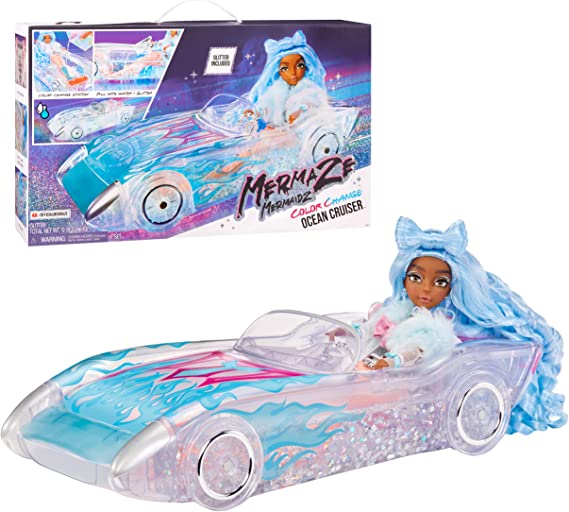 Photo 1 of MERMAZE MERMAIDZ™ Ocean Cruiser Convertible Car with Color Change Decals, Glitter-Filled Walls, Rolling Wheels, Working Seat Belts, Steering Wheel, Fits 2 Dolls
