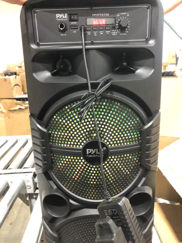 Photo 4 of Pyle Portable Bluetooth PA Speaker System - 600W Rechargeable Outdoor Bluetooth Speaker Portable PA System w/ Dual 8” Subwoofer 1” Tweeter, Microphone In, Party Lights, USB, Radio, Remote - PPHP2835B