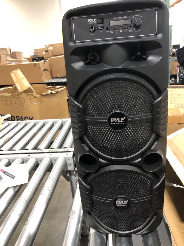 Photo 2 of Pyle Portable Bluetooth PA Speaker System - 600W Rechargeable Outdoor Bluetooth Speaker Portable PA System w/ Dual 8” Subwoofer 1” Tweeter, Microphone In, Party Lights, USB, Radio, Remote - PPHP2835B