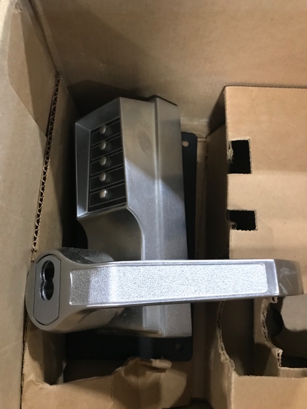 Photo 1 of Kaba Simplex LP1000 Series Metal Mechanical Pushbutton Exit Trim Lock with Lever, Combination Entry and Key Override, I/C Best and Equivalents (6 or 7 Pin Length), Core Not Included, Satin Chrome Finish, Right Hand