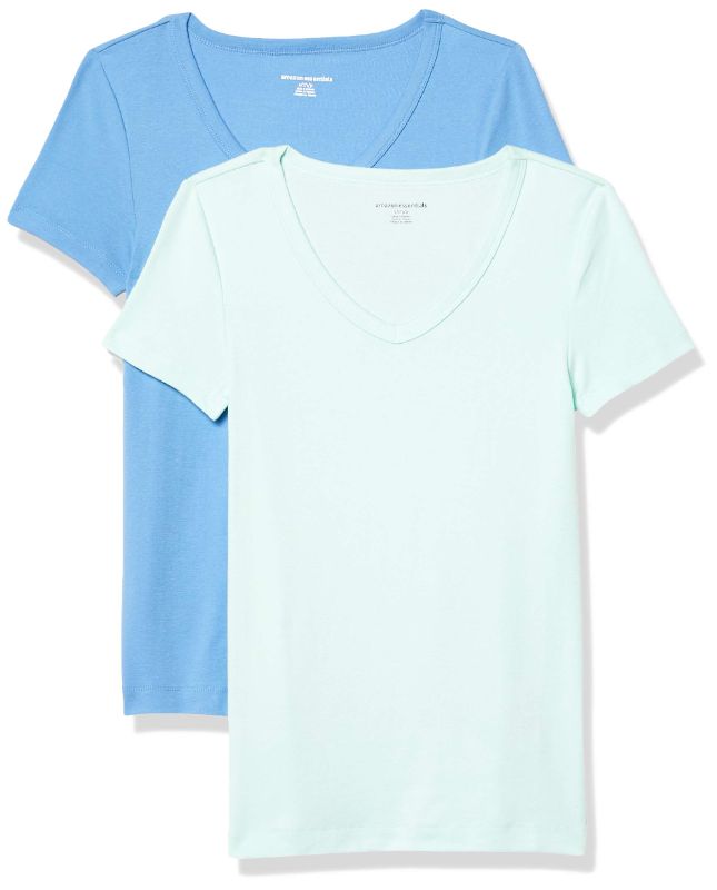 Photo 1 of Amazon Essentials Women's Slim-Fit Short-Sleeve V-Neck T-Shirt, Pack of 2 Medium Aqua Blue/French Blue