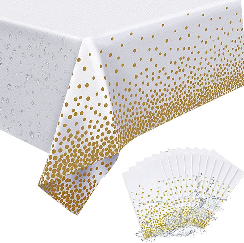 Photo 1 of 12 Pieces 54 x 108 Inches Plastic Tablecloths for Rectangle Tables-Polka Dots Confetti Party Table Covers Disposable Waterproof Table Covers for Birthday Party Wedding Picnic Decorations (White-Gold)

