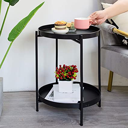 Photo 1 of 
Sankell Black End Table, 2-Tier Metal Round Side Table with Removable Tray, Folding Small Accent Table/Nightstand, Anti-Rust Sofa Snack Table, Waterproof Coffee Table for Living Room Bedroom Office