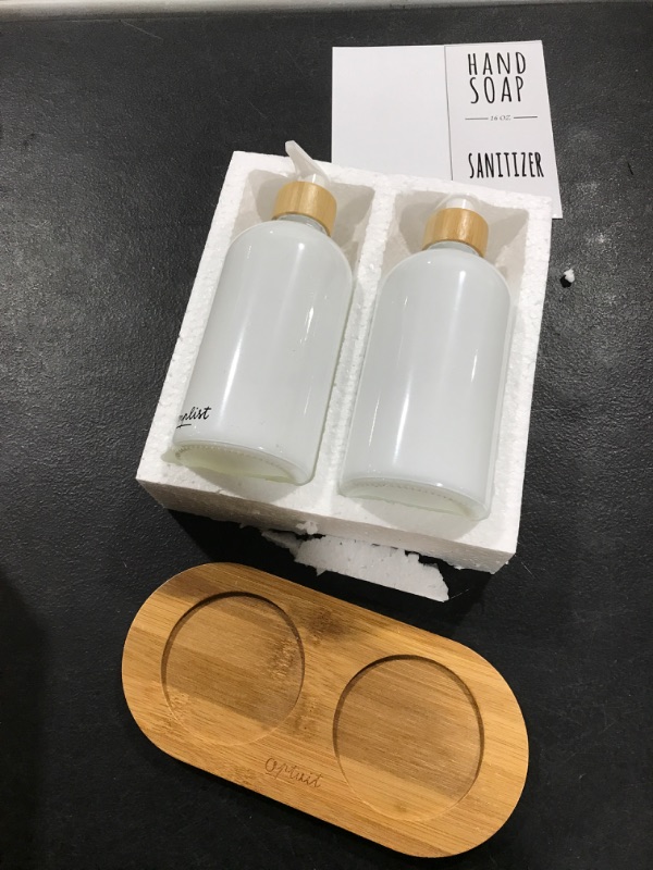 Photo 2 of 2 Pack Kitchen Soap Dispenser Set with Bamboo Tray, Glass Soap Dispenser Pump, Hand and Dish Soap Dispenser Set for Bathroom, Refillable Lotion Dispenser Sanitizer Shampoo Conditioner Labels (White)