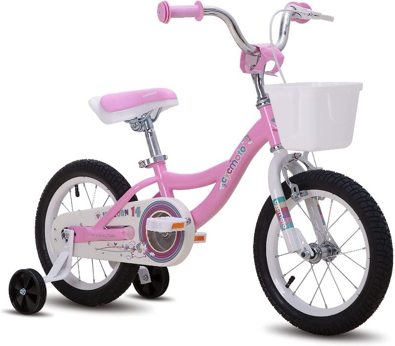 Photo 1 of CYCMOTO Girls Bike for 3-9 Years Old Kids,14 16 18 Kids Bike with Training Wheels, Basket and Hand Brake, 18 in Kids Bicycle with Kickstand (Blue Pink Purple)
