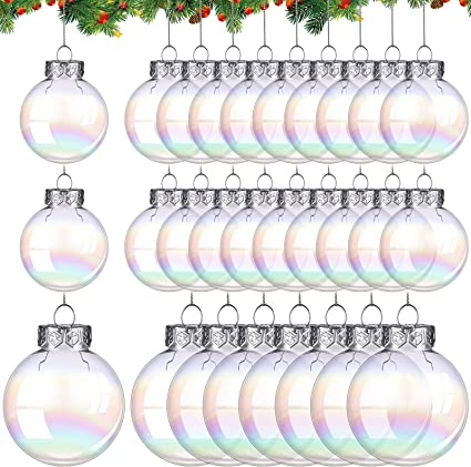 Photo 1 of 26 Pcs Christmas Iridescent Fillable Ornaments Ball 2 Different Sizes 3.15'' 2.36'' Xmas Transparent Round Christmas Clear Plastic Balls Tree Baubles for DIY Crafts Holiday Wedding Birthday Party 