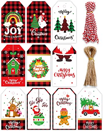 Photo 1 of 100 Pieces Christmas Gift Tags?Christmas Kraft Gift Tags with Jute Twine Baker Twine for DIY Christmas Day Present Wrap Stamp and Label Package Name Card
