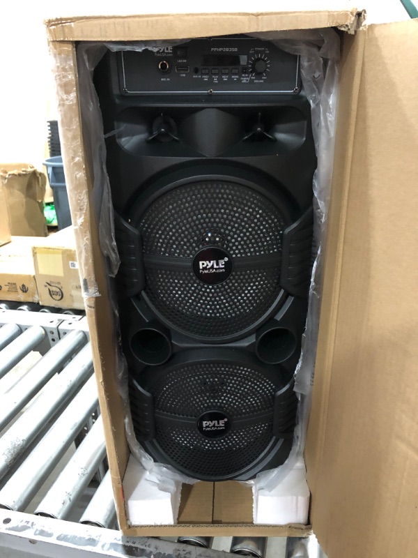 Photo 2 of Pyle Portable Bluetooth PA Speaker System - 600W Rechargeable Outdoor Bluetooth Speaker Portable PA System w/ Dual 8” Subwoofer 1” Tweeter, Microphone In, Party Lights, USB, Radio, Remote - PPHP2835B