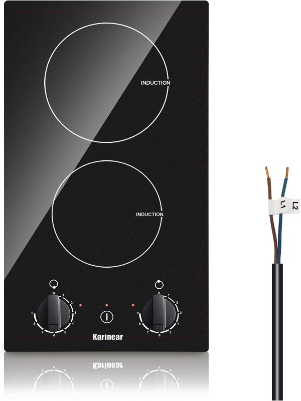 Photo 1 of Karinear Dual Burner Induction Cooktop 12 Inch Electric Stovetop, 2 Burner Electric Cooktop with Knob Control, 220-240V Built-in Induction Stovetop, 9 Power Levels, 3500W, Hard Wired(No Plug)
