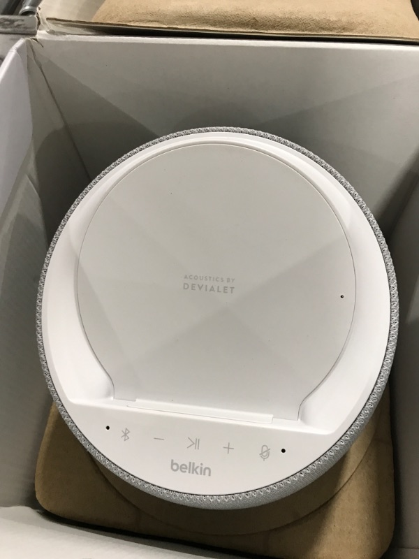 Photo 2 of Belkin SoundForm Elite Hi-Fi Smart Speaker + Wireless Charger (Alexa Voice-Controlled Bluetooth Speaker) Sound Technology by Devialet - Fast Wireless Charging for iPhone, Samsung Galaxy & More (White)