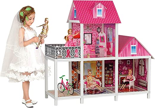 Photo 1 of 39'' Large Plastic Dollhouse with Big Furniture Kits, Doll House Dreamhouse Playhouse for Girls Kids Aged 3 4 5 6 7 8 9
