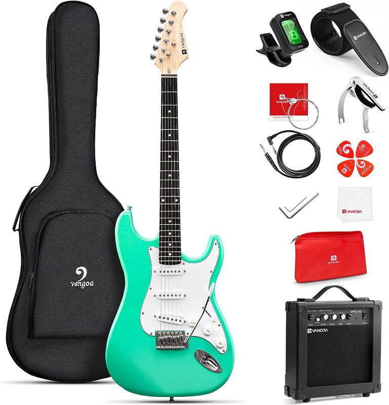 Photo 1 of Electric Guitar, 39 Inch Full Size Electric Guitar Beginner Starter Kit Bundle with Folding 10W Amp for Adults Teens, Surf Green, by Vangoa
