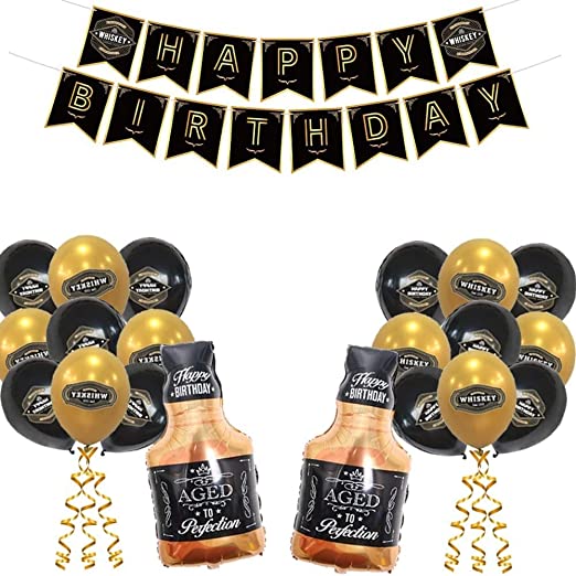 Photo 1 of 19 PCS, Whiskey Birthday Party Decorations, Aged to Perfection Birthday Party Supplies Whiskey Birthday Banner, Black and Gold Balloons Whiskey Bottle Foil Balloons
