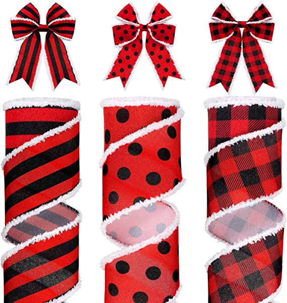 Photo 1 of 3 Rolls Winter Wired Ribbons Burlap Ribbon Snowflake Ribbon Snowdrift Wired Edge Ribbon Wrapping DIY Crafts Bows Xmas Birthday Decoration Party Supplies, 2.5 Inch x 5 Yards (Black Red)
